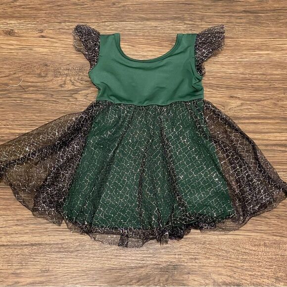 Dot Dot Smile Flutter Sleeve Twirl Dress Green With Silver Mesh Overlay 12-24 Mo - Picture 2 of 12
